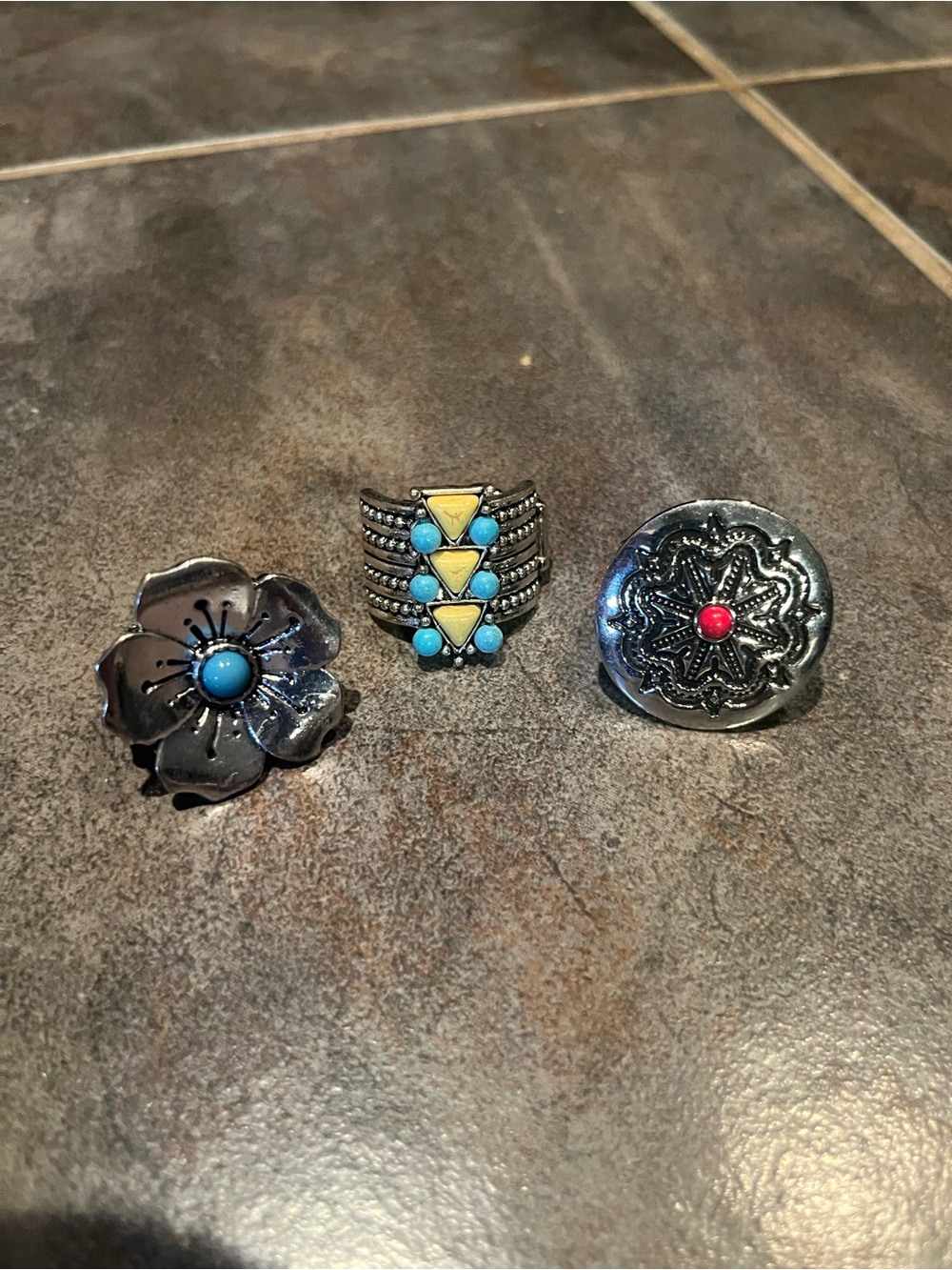 Set of 3 Silver Boho Rings with Turquoise & Coral Accents